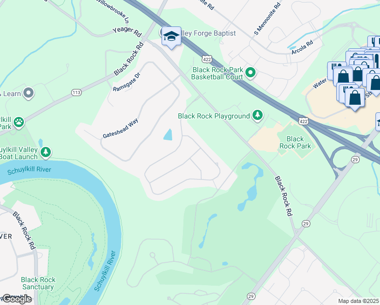 map of restaurants, bars, coffee shops, grocery stores, and more near 103 Oriole Lane in Phoenixville