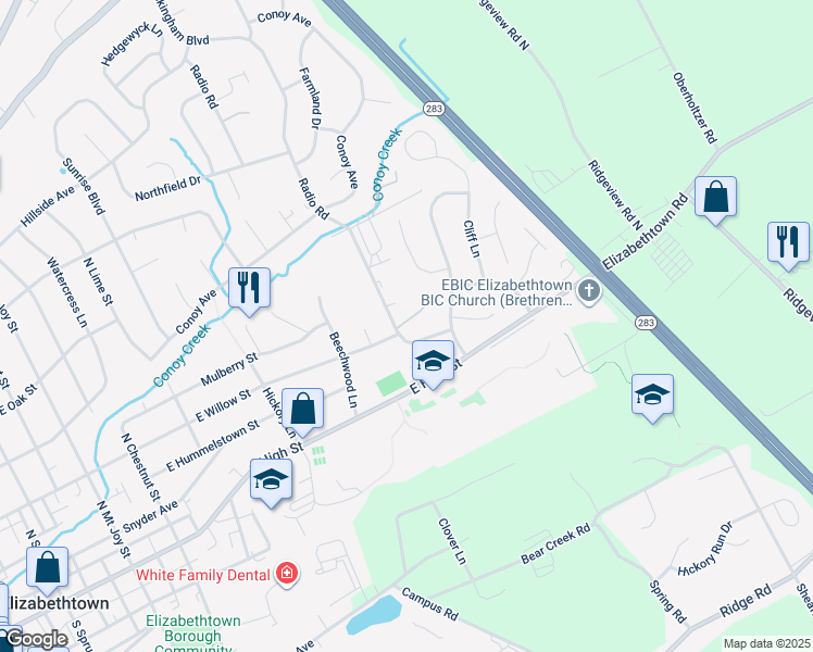 map of restaurants, bars, coffee shops, grocery stores, and more near 21 Willow Ridge in Elizabethtown