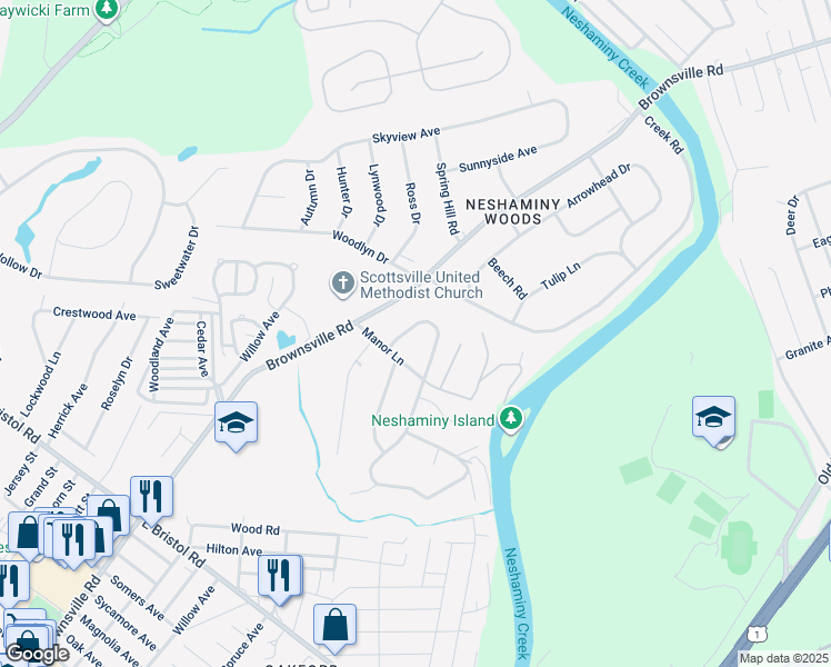 map of restaurants, bars, coffee shops, grocery stores, and more near 213 Buttonwood Drive in Langhorne