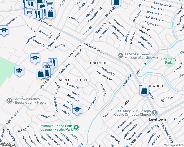 map of restaurants, bars, coffee shops, grocery stores, and more near 81 Hawthorne Lane in Levittown