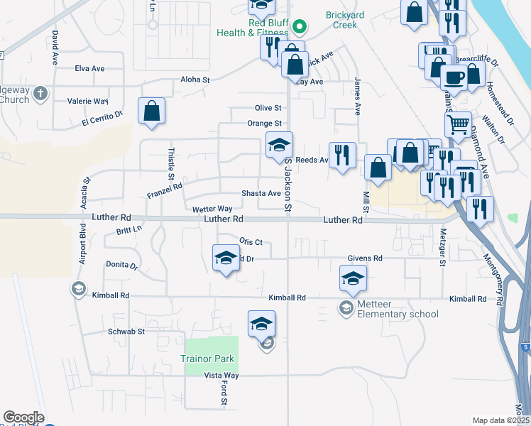 map of restaurants, bars, coffee shops, grocery stores, and more near 845 Lassen Avenue in Red Bluff