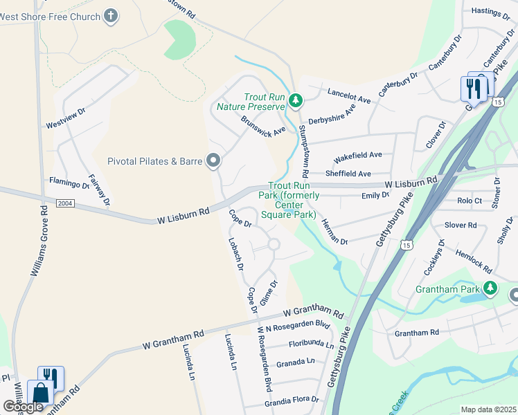 map of restaurants, bars, coffee shops, grocery stores, and more near 1121 Atland Drive in Mechanicsburg