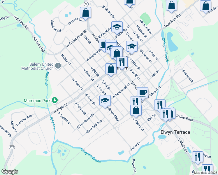 map of restaurants, bars, coffee shops, grocery stores, and more near 41 South Pitt Street in Manheim