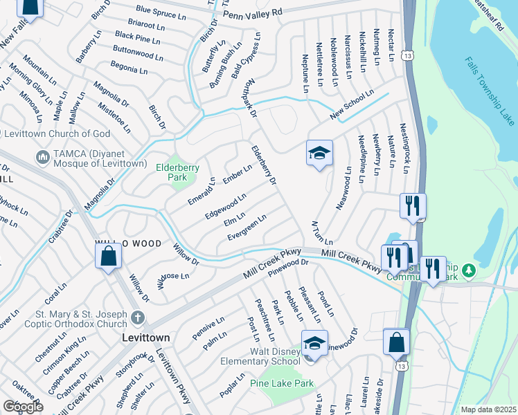 map of restaurants, bars, coffee shops, grocery stores, and more near 57 Evergreen Lane in Levittown