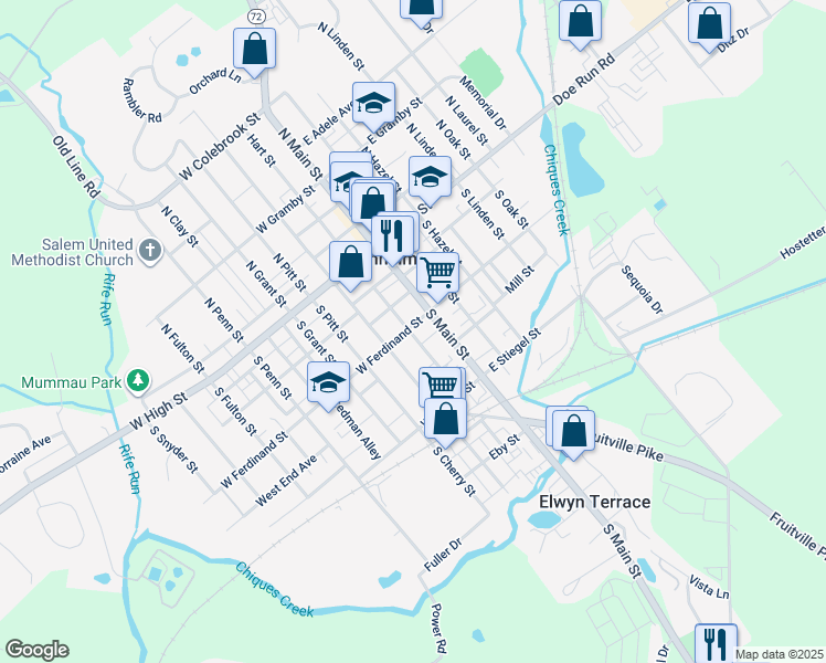 map of restaurants, bars, coffee shops, grocery stores, and more near 27 West Ferdinand Street in Manheim