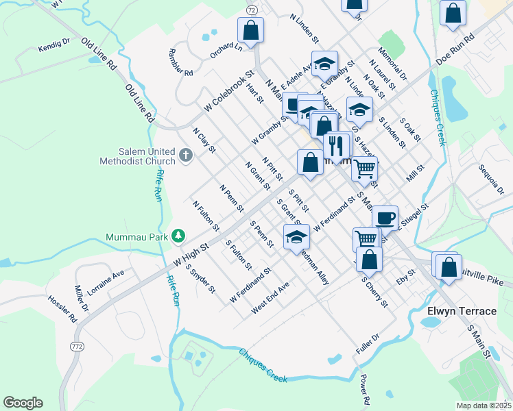 map of restaurants, bars, coffee shops, grocery stores, and more near 235 West High Street in Manheim