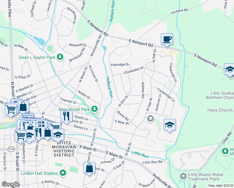 map of restaurants, bars, coffee shops, grocery stores, and more near Cardinal Road in Lititz