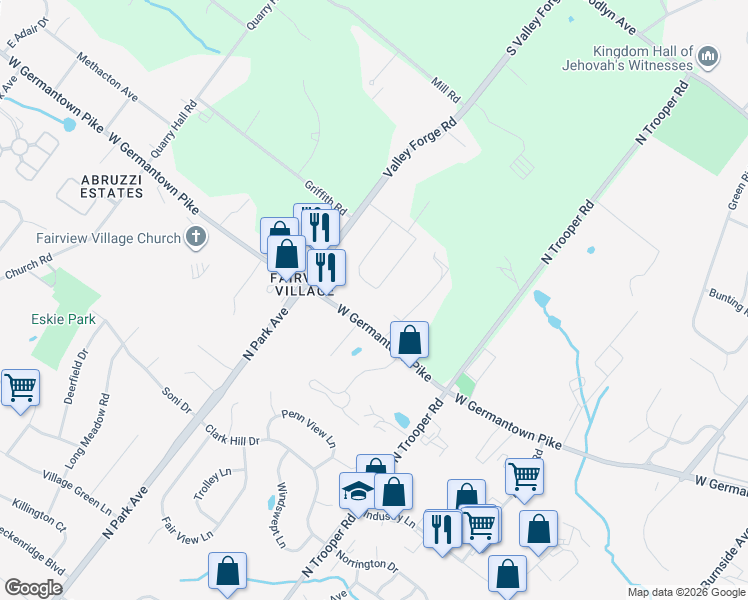 map of restaurants, bars, coffee shops, grocery stores, and more near 2953 West Germantown Pike in Norristown