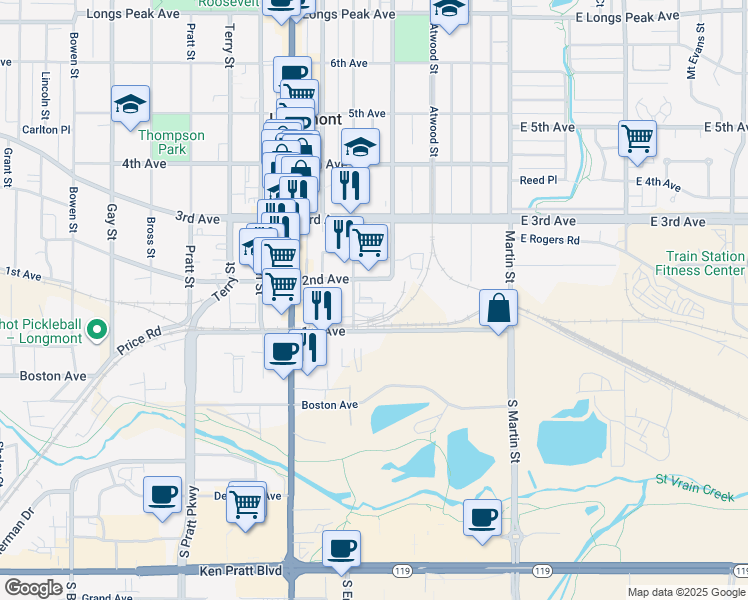 map of restaurants, bars, coffee shops, grocery stores, and more near 112 Emery Street in Longmont