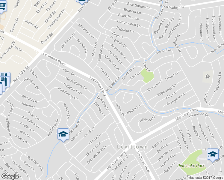 map of restaurants, bars, coffee shops, grocery stores, and more near 22 Eventide Place in Levittown