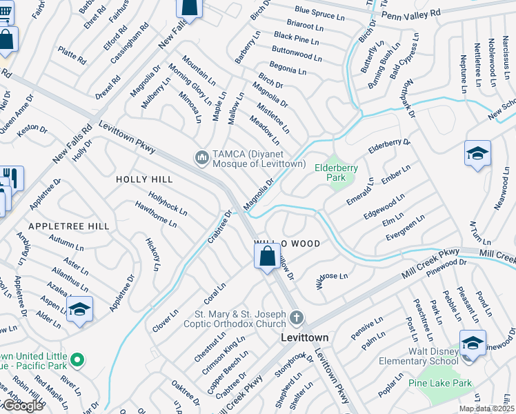 map of restaurants, bars, coffee shops, grocery stores, and more near 22 Eventide Place in Levittown