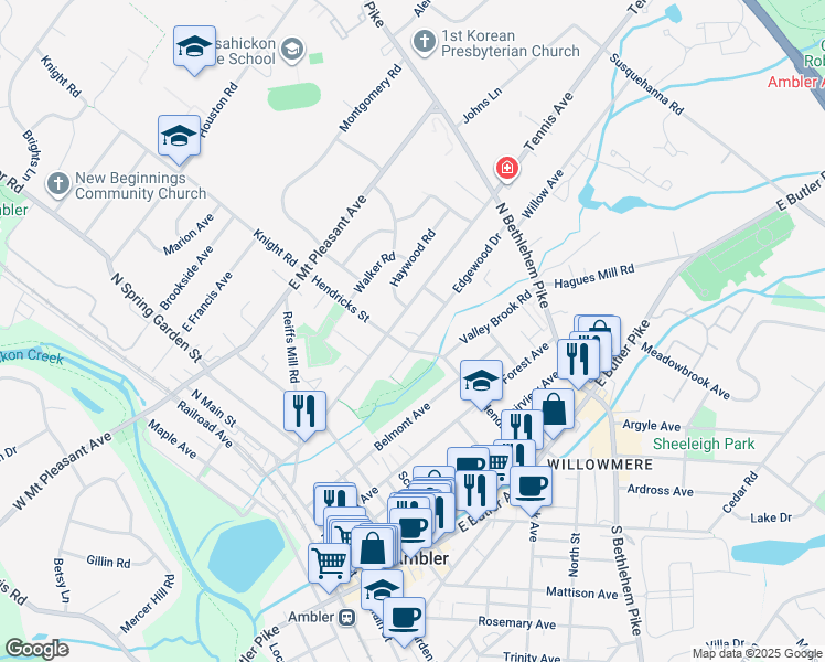 map of restaurants, bars, coffee shops, grocery stores, and more near 169 Hendricks Street in Ambler