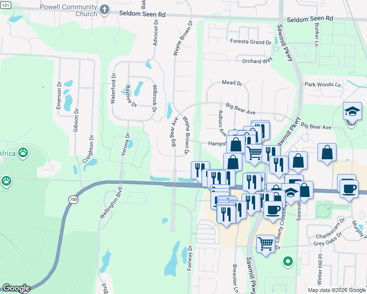 map of restaurants, bars, coffee shops, grocery stores, and more near 9546 Wayne Brown Drive in Powell
