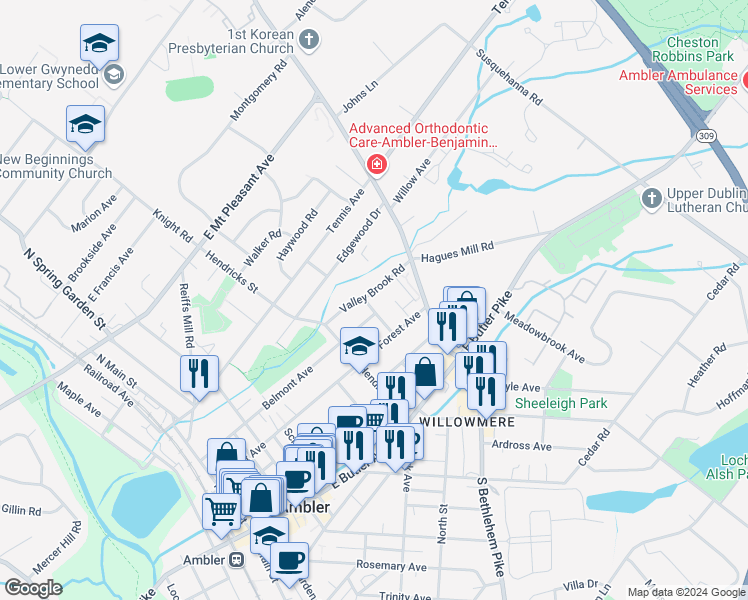 map of restaurants, bars, coffee shops, grocery stores, and more near 332 Valley Brook Road in Ambler