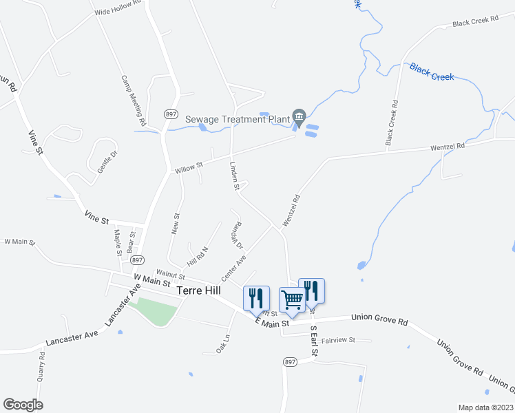 map of restaurants, bars, coffee shops, grocery stores, and more near 408 Linden Street in East Earl