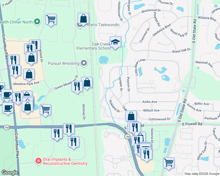 map of restaurants, bars, coffee shops, grocery stores, and more near Oak Village Boulevard in Lewis Center