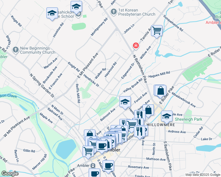 map of restaurants, bars, coffee shops, grocery stores, and more near 313 Edgewood Drive in Ambler