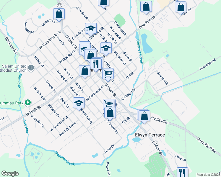 map of restaurants, bars, coffee shops, grocery stores, and more near 123 South Main Street in Manheim