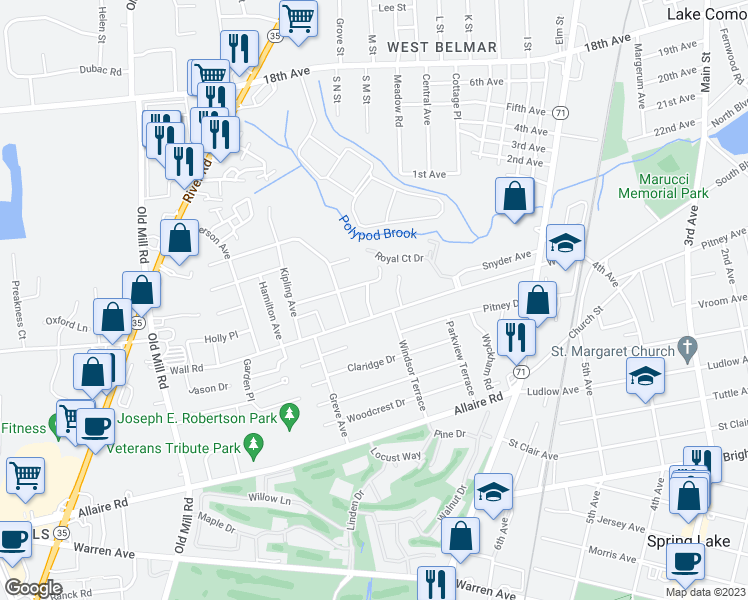 map of restaurants, bars, coffee shops, grocery stores, and more near 2 Nadine Drive in Spring Lake