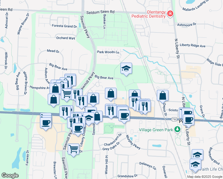 map of restaurants, bars, coffee shops, grocery stores, and more near 3427 Bear Pointe Circle in Powell