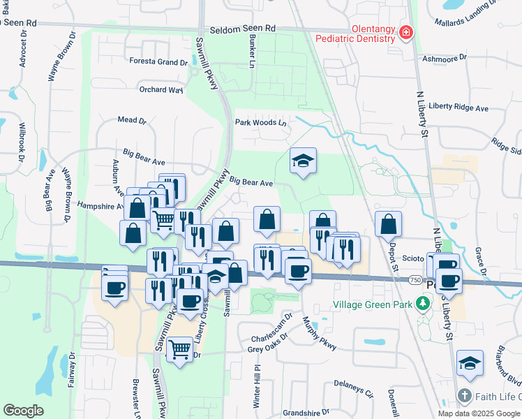 map of restaurants, bars, coffee shops, grocery stores, and more near 3485 Bear Pointe Circle in Powell