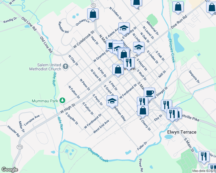 map of restaurants, bars, coffee shops, grocery stores, and more near 32 South Grant Street in Manheim