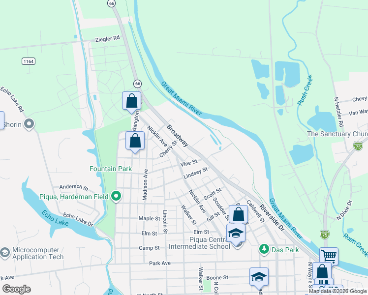 map of restaurants, bars, coffee shops, grocery stores, and more near 1507 Nicklin Avenue in Piqua