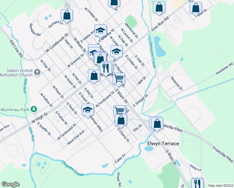 map of restaurants, bars, coffee shops, grocery stores, and more near 112 South Main Street in Manheim
