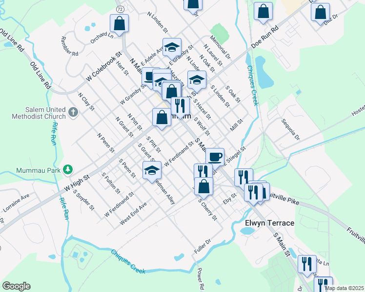 map of restaurants, bars, coffee shops, grocery stores, and more near 36 West Ferdinand Street in Manheim