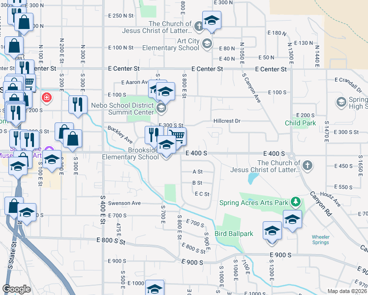 map of restaurants, bars, coffee shops, grocery stores, and more near 10 South Brookside Drive in Springville