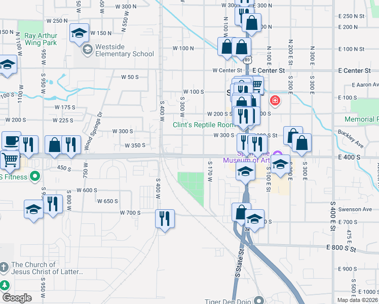 map of restaurants, bars, coffee shops, grocery stores, and more near 253 West 400 South in Springville