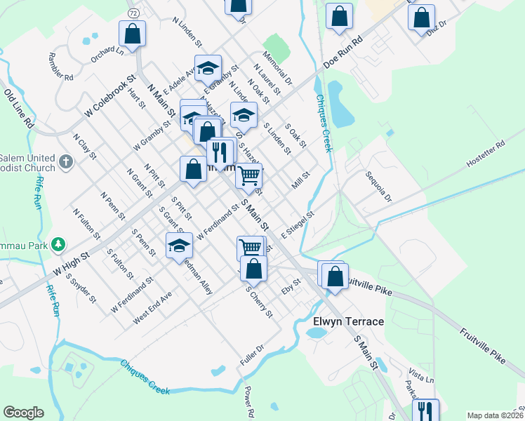 map of restaurants, bars, coffee shops, grocery stores, and more near 141 South Main Street in Manheim