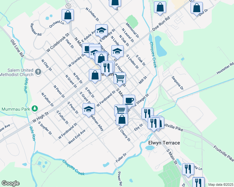 map of restaurants, bars, coffee shops, grocery stores, and more near 21 West Ferdinand Street in Manheim