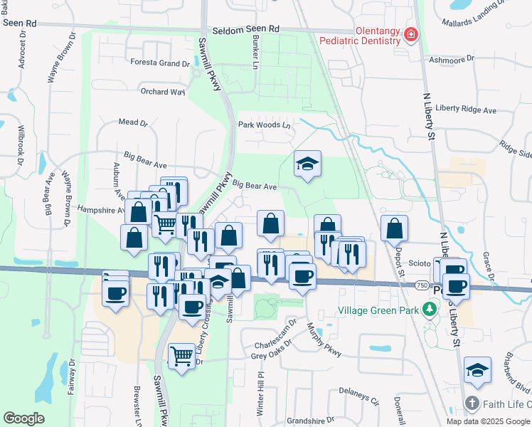 map of restaurants, bars, coffee shops, grocery stores, and more near 3485 Bear Pointe Circle in Powell