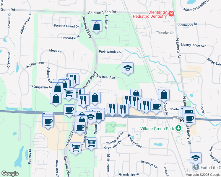 map of restaurants, bars, coffee shops, grocery stores, and more near 3485 Bear Pointe Circle in Powell