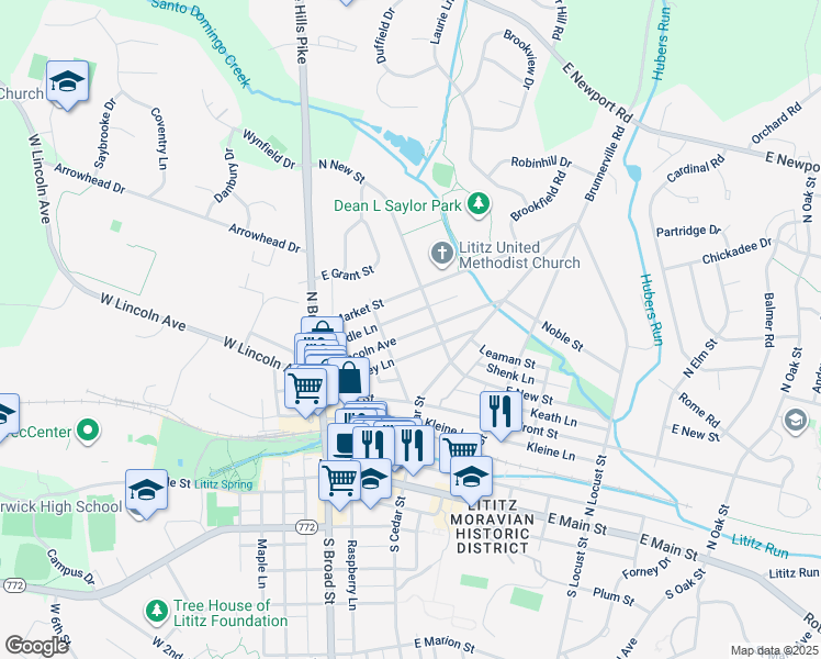 map of restaurants, bars, coffee shops, grocery stores, and more near 125 East Lincoln Avenue in Lititz
