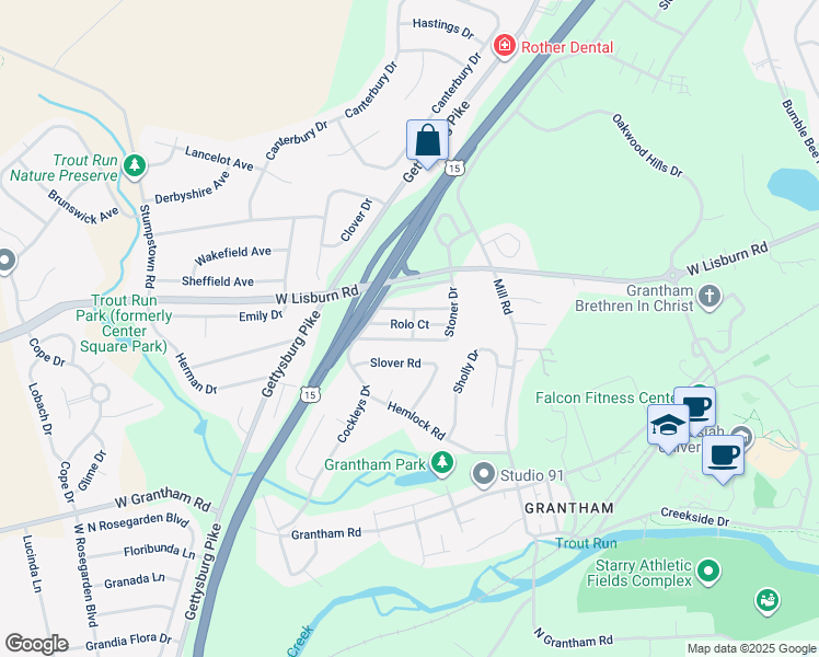 map of restaurants, bars, coffee shops, grocery stores, and more near 3528 Rolo Court in Mechanicsburg