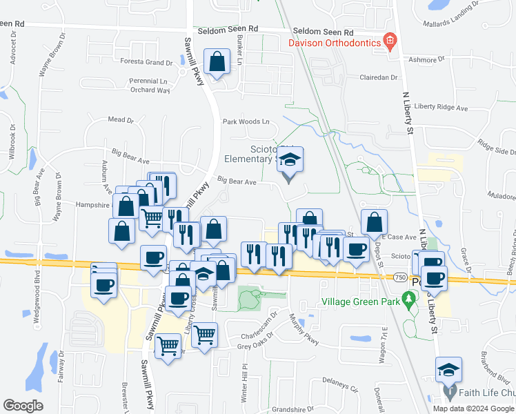 map of restaurants, bars, coffee shops, grocery stores, and more near 3419 Bear Pointe Circle in Powell