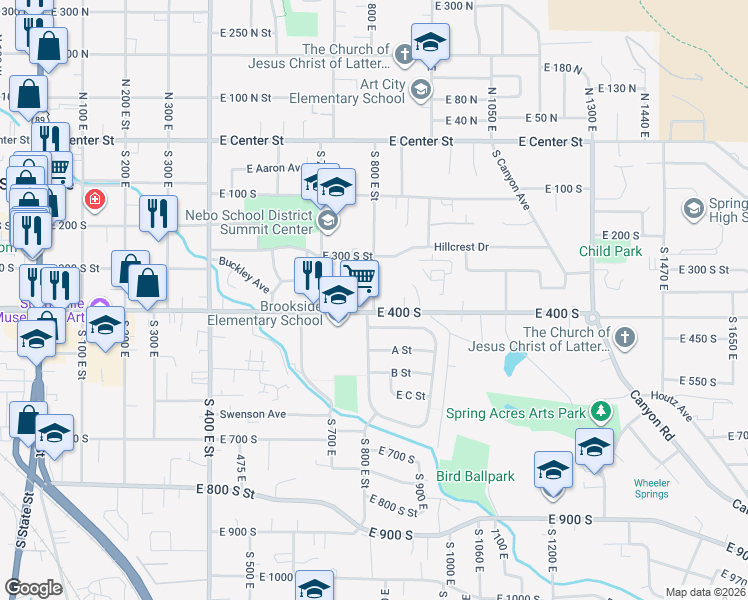 map of restaurants, bars, coffee shops, grocery stores, and more near 10 South Brookside Drive in Springville