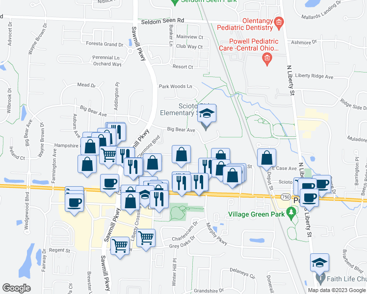 map of restaurants, bars, coffee shops, grocery stores, and more near 3421 Bear Pointe Circle in Powell