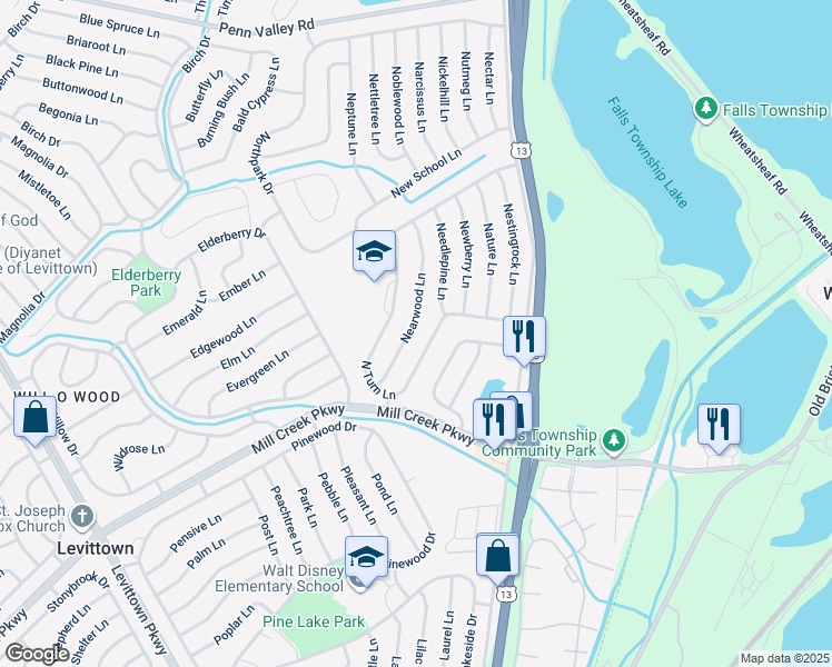 map of restaurants, bars, coffee shops, grocery stores, and more near 36 Nearwood Lane in Levittown