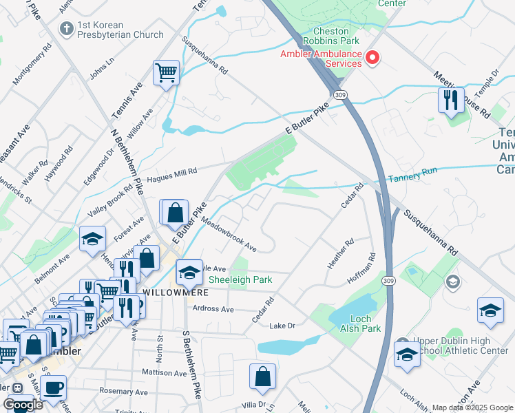 map of restaurants, bars, coffee shops, grocery stores, and more near 83 Hampstead Drive in Ambler