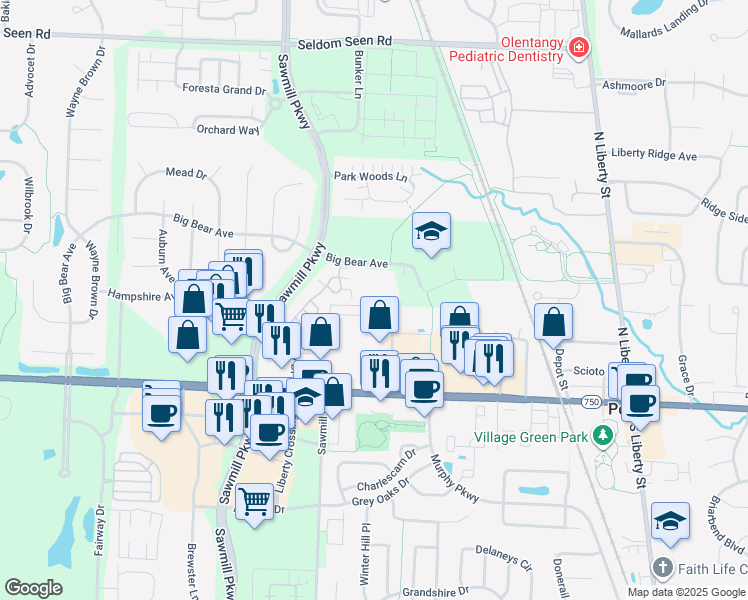map of restaurants, bars, coffee shops, grocery stores, and more near 3453 Bear Pointe Circle in Powell