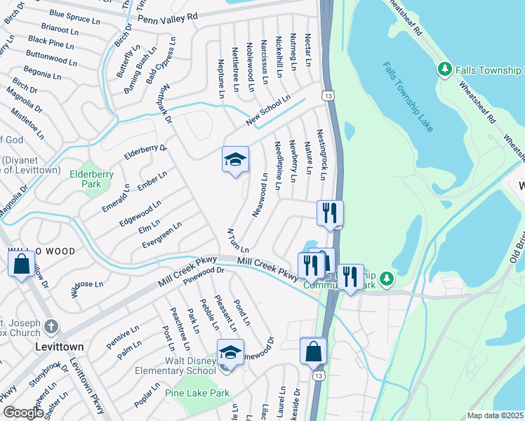 map of restaurants, bars, coffee shops, grocery stores, and more near 36 Nearwood Lane in Levittown