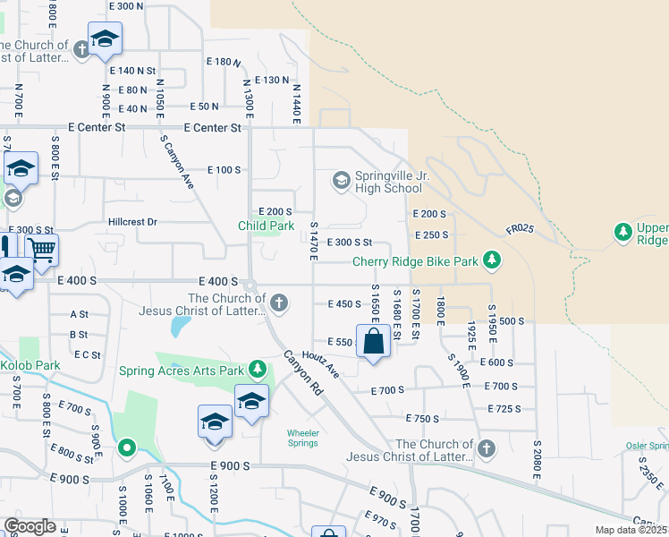 map of restaurants, bars, coffee shops, grocery stores, and more near 1485 East 400 South in Springville