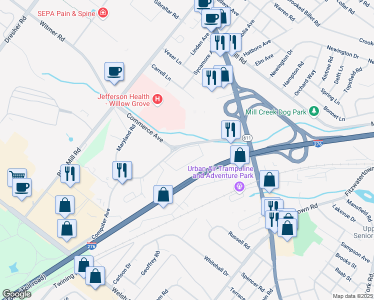map of restaurants, bars, coffee shops, grocery stores, and more near 2501 Maryland Road in Willow Grove