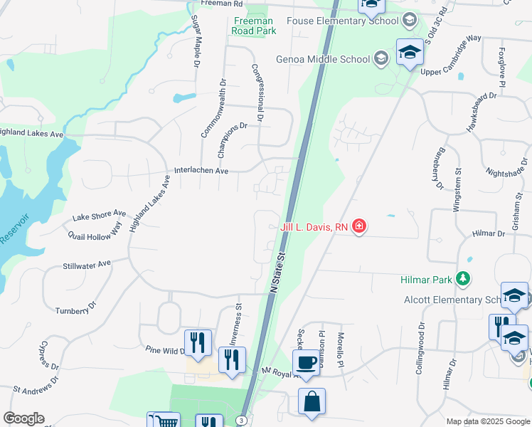 map of restaurants, bars, coffee shops, grocery stores, and more near 6471 Upper Lake Circle in Westerville