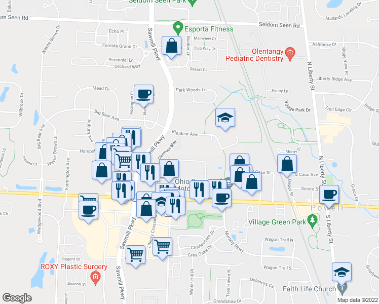 map of restaurants, bars, coffee shops, grocery stores, and more near 3333 Bear Pointe Circle in Powell