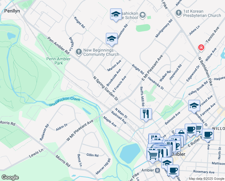 map of restaurants, bars, coffee shops, grocery stores, and more near 411 East Francis Avenue in Ambler