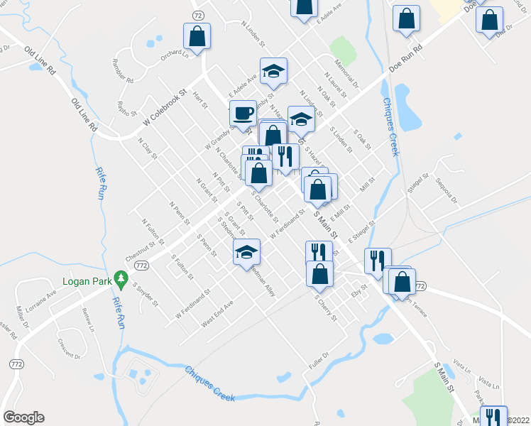 map of restaurants, bars, coffee shops, grocery stores, and more near 54 South Charlotte Street in Manheim